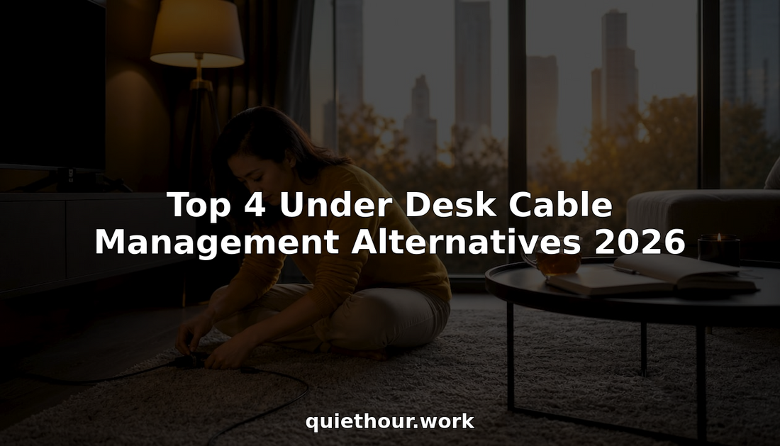 Woman organizing cables under desk with cable tray
