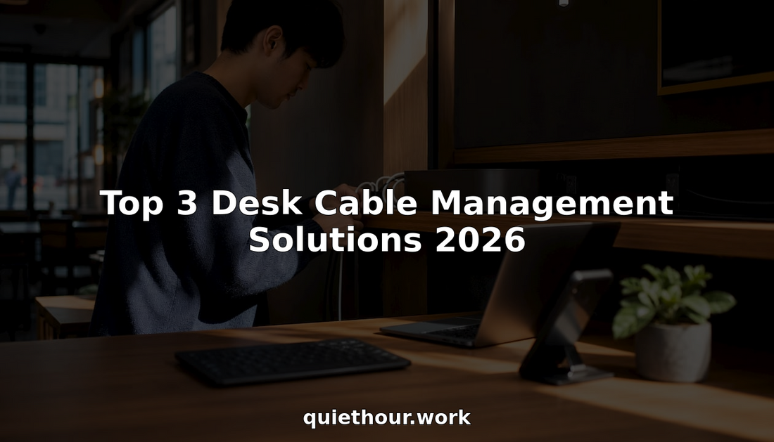 Person organizing desk cables with management tools