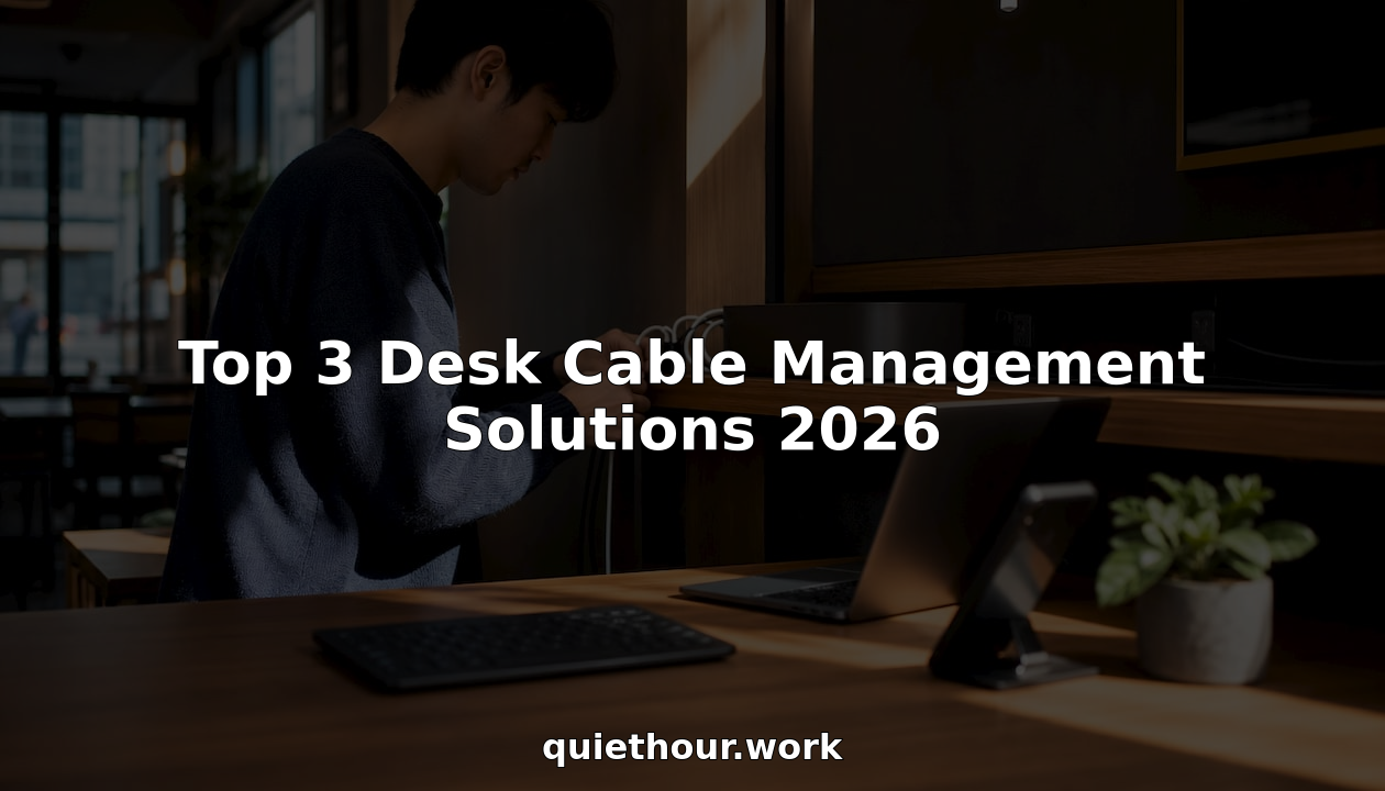 Person organizing desk cables with management tools