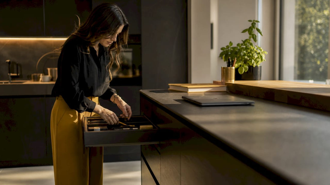 Woman organizing desk supplies in home office