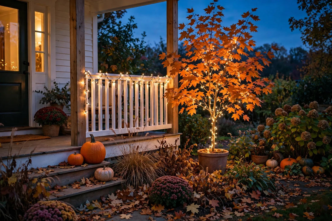 Warm fairy lights glowing on an autumn porch at dusk