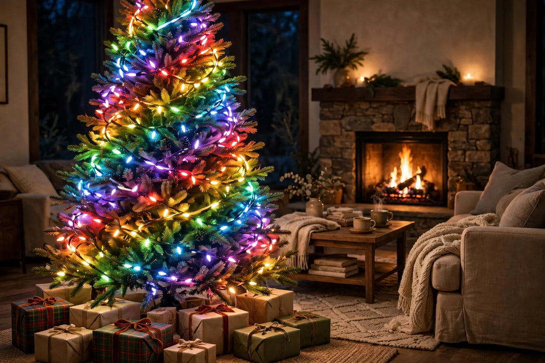 Christmas tree glowing with colorful animated smart lights in a cozy living room