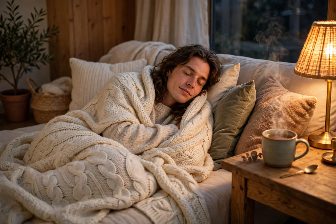 A person relaxing on a couch wrapped in a warm knit blanket with a cup of tea nearby