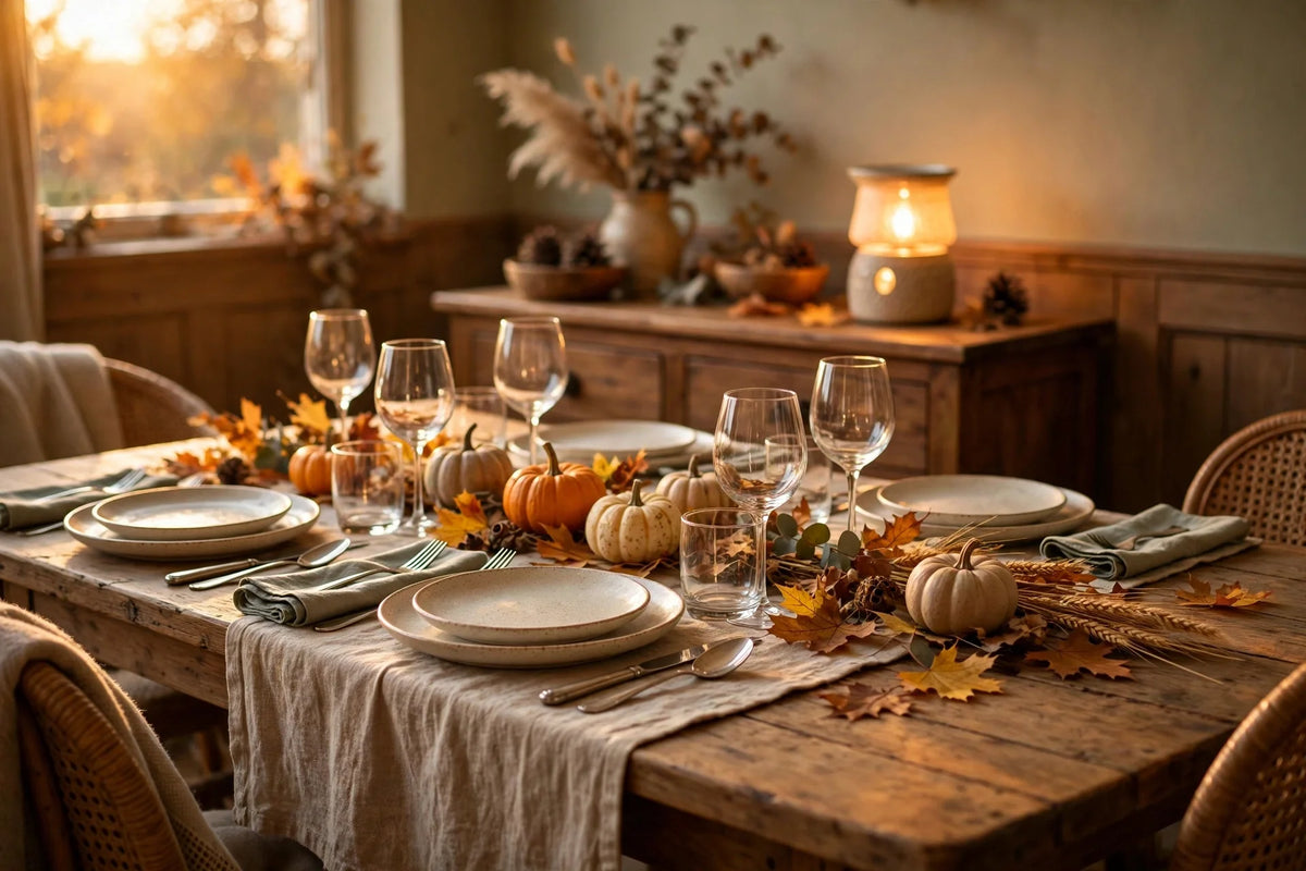Warm Thanksgiving table set with pumpkins, autumn leaves, and a glowing lamp