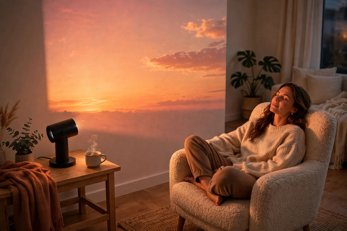 Woman relaxing in a cozy living room lit by the warm glow of the Sunset Projection Ambient Light